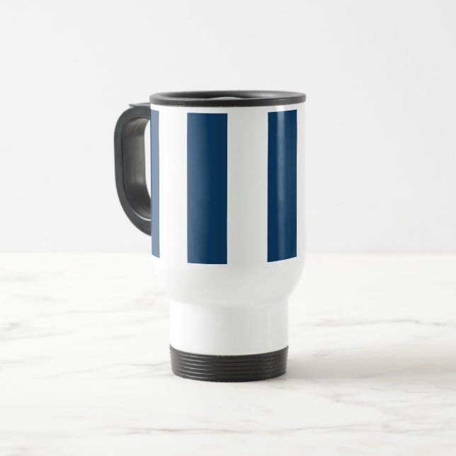 Navy Blue Stripes, White Stripes, Striped Pattern Travel Mug (Front Left)
