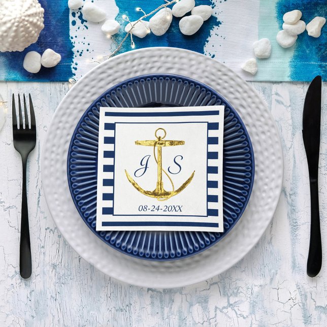 Navy Blue Stripes with Gold Anchor Wedding Napkin (Creator Uploaded)
