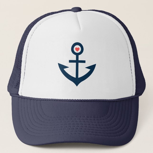 Navy Blue Stylised Nautical boat Anchor Trucker Hat (Front)