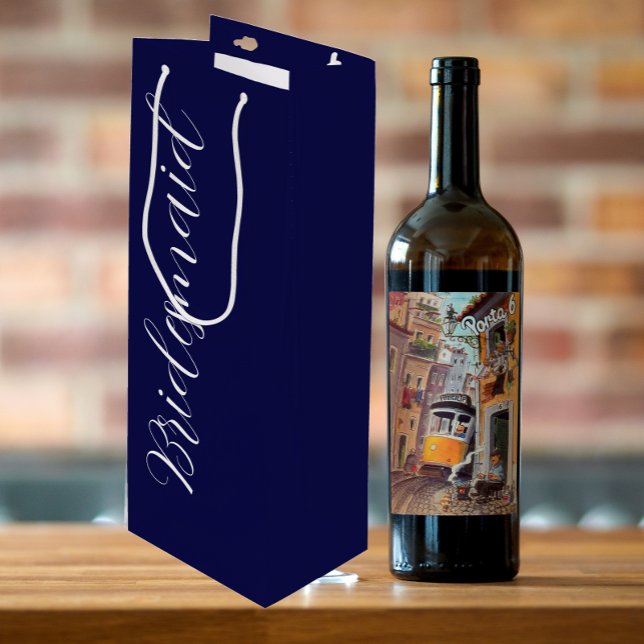 Navy Blue Stylised Script Wedding Bridesmaid Wine Gift Bag (In Situ)