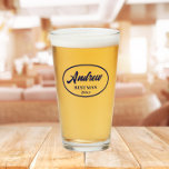 Navy Blue Stylised Wedding Best Man Name Glass<br><div class="desc">Beer glass for the wedding Best Man that features his name printed in a trendy navy blue, stylised script inside a navy blue colour oval border along with wedding year date. A great party supply idea for a bachelor party! Personalise your beer glass by editing and replacing name and date...</div>