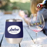 Navy Blue Stylised Wedding Groomsman Name<br><div class="desc">Gift your wedding groomsman with this trendy and personalised, stainless steel wine tumbler with his name in stylised script inside a white, oval design. Background colour and script is a navy blue. Perfect for a bachelor party as well! Personalise your wine tumbler by editing and replacing name with desired name....</div>