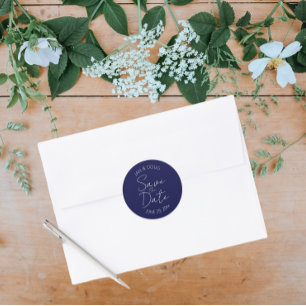 Navy Blue Stylised Wedding Save the Date Classic Round Sticker