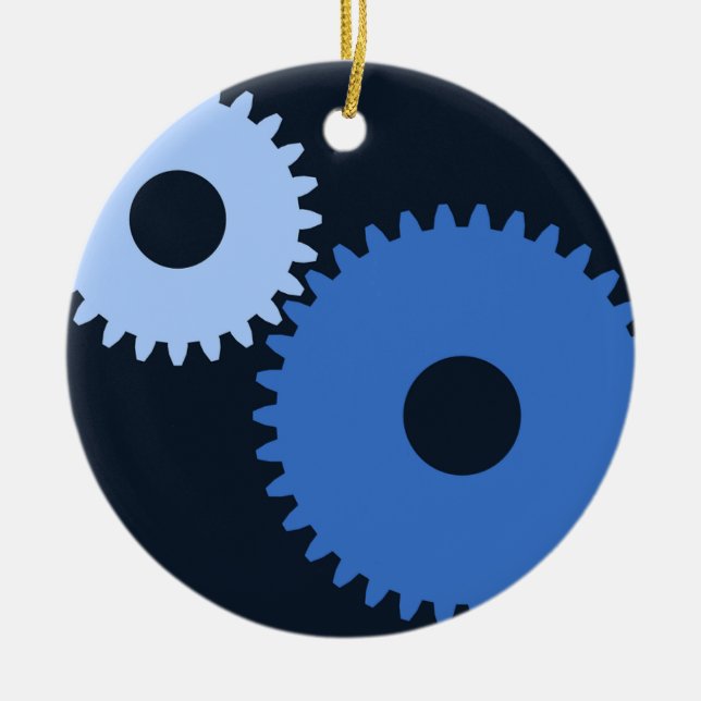 Navy Blue stylish machine cogs Ceramic Tree Decoration (Front)