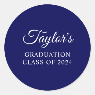 Navy Blue Stylish Script Graduation Classic Round Sticker