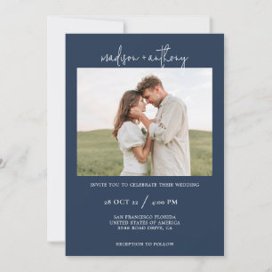 Navy Blue Stylish Script with Photo Wedding Invitation