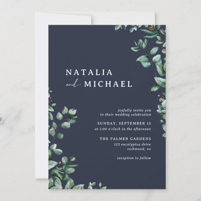 Navy Blue Subtle Greenery | Elegant Modern Wedding Invitation (Front)