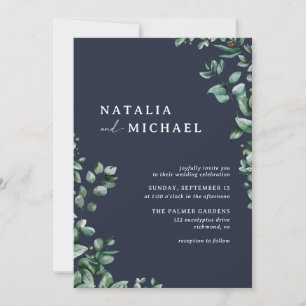 Navy Blue Subtle Greenery   Elegant Modern Wedding Invitation