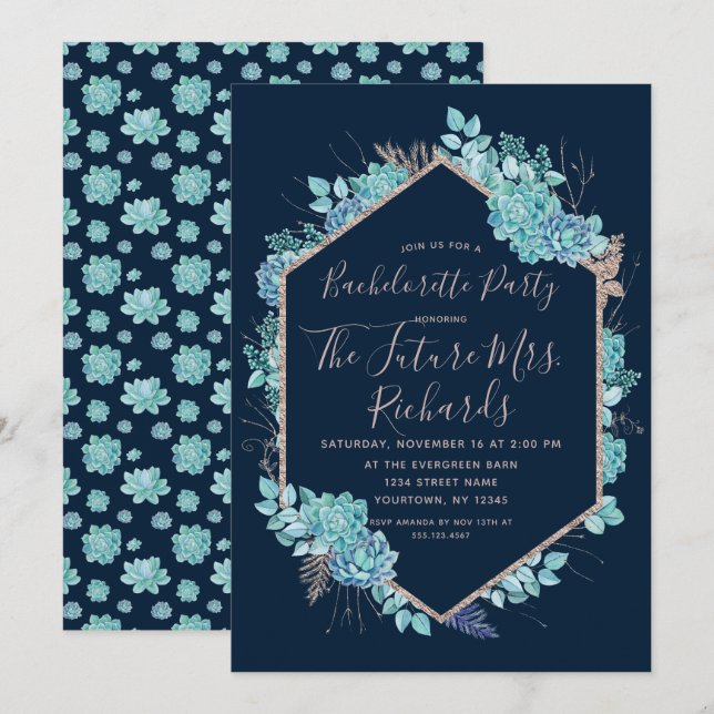 Navy Blue Succulents Bachelorette Party Invitation (Front/Back)
