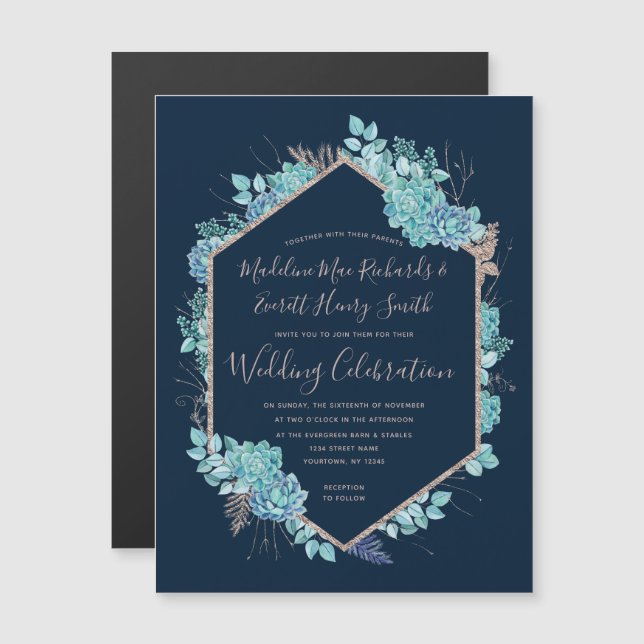 Navy Blue Succulents Magnetic Wedding Invitation (Front/Back)