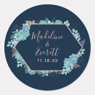 Navy Blue Succulents & Rose Gold Monogram Wedding Classic Round Sticker