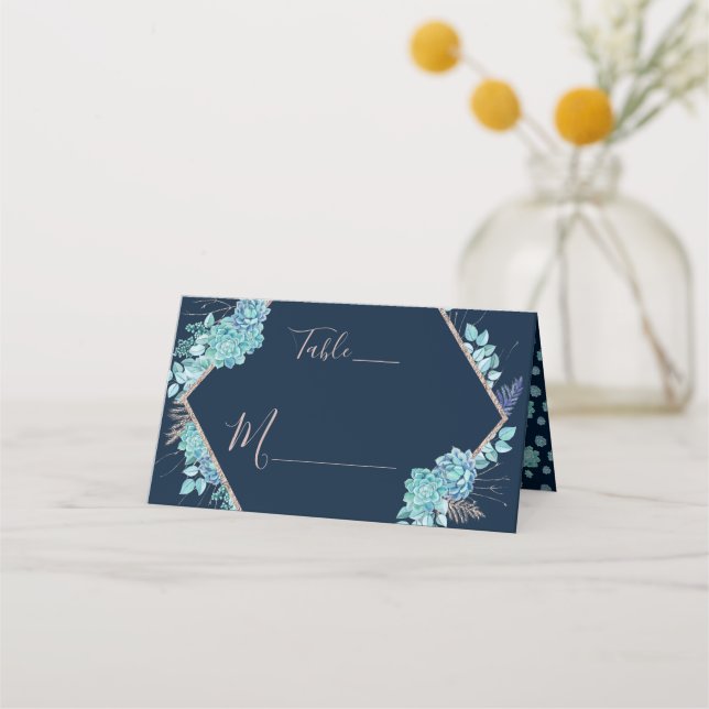 Navy Blue Succulents & Rose Gold Table Number Place Card (Front)