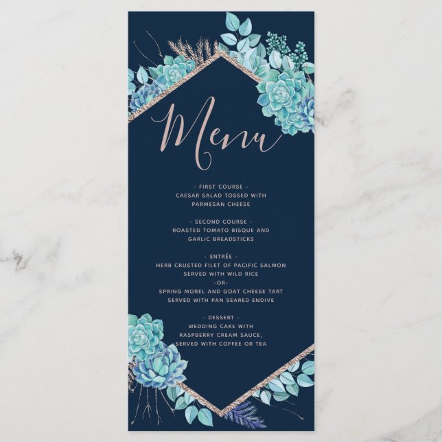 Navy Blue Succulents & Rose Gold Wedding Menu (Front)