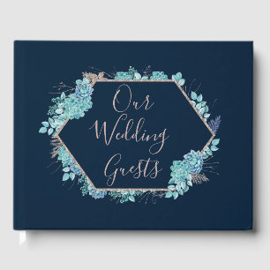 Navy Blue Succulents & Rose Gold Wedding Monogram Guest Book