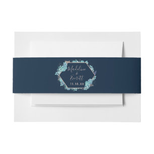 Navy Blue Succulents & Rose Gold Wedding Monogram Invitation Belly Band