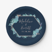 Navy Blue Succulents & Rose Gold Wedding Monogram