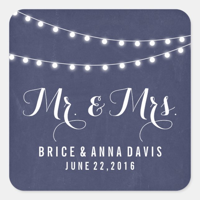 Navy Blue Summer String Light Wedding Stickers (Front)