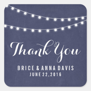Navy Blue Summer String Light Wedding Thank You Square Sticker