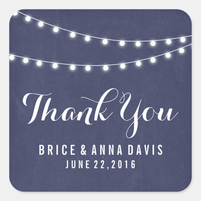 Navy Blue Summer String Light Wedding Thank You Square Sticker (Front)
