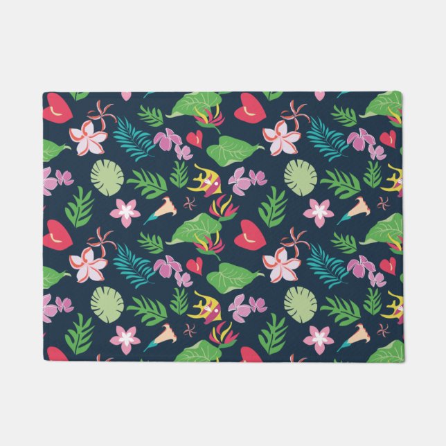 Navy Blue Summer Tropical Botanical Flowers Doormat (Front)