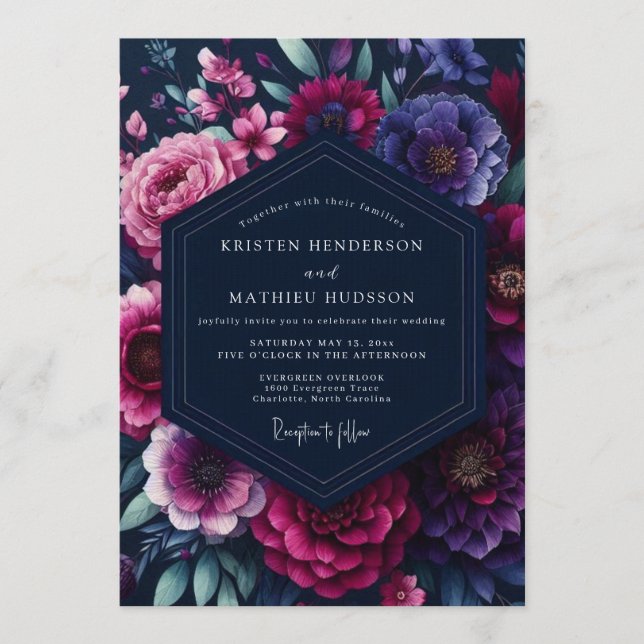 Navy Blue Sumptuous Floral Wedding Invitation (Front)