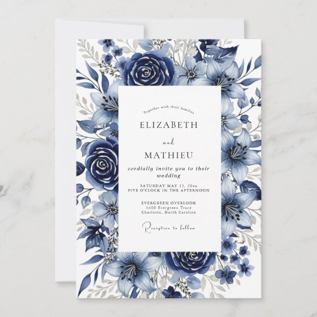 Navy Blue Sumptuous Winter Wedding Invitation (Front)