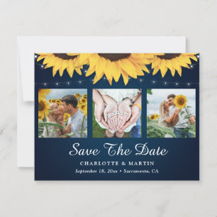 Navy Blue Sunflower 3 Photo Save The Date Cards
