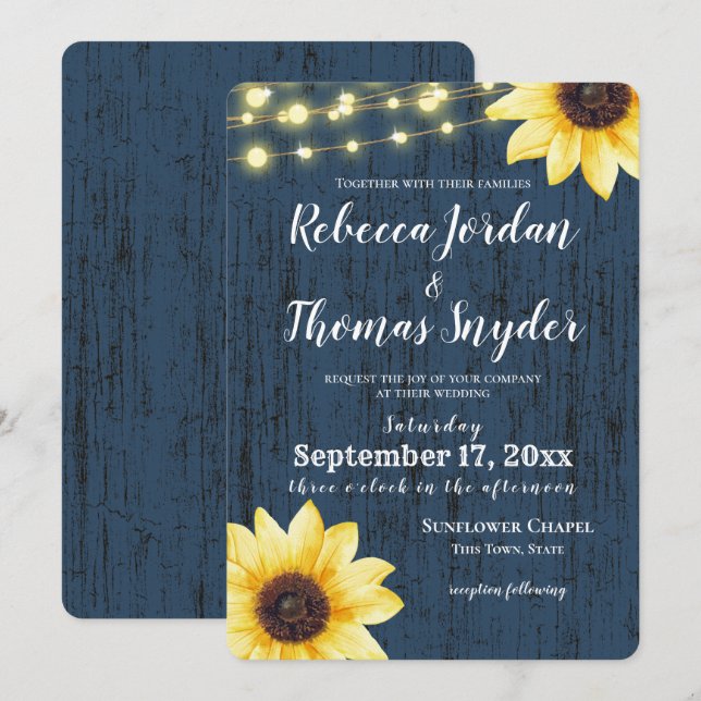 Navy Blue Sunflower and Lights Rustic Wedding Invitation (Front/Back)