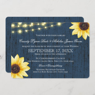 Navy Blue Sunflower and Lights Rustic Wedding Invitation