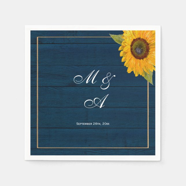 Navy Blue Sunflower Boho Rustic Wedding Monogram Napkin (Front)