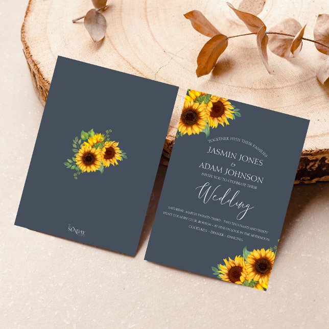 Navy Blue Sunflower Boho Wedding Invitation (Rustic Yellow and Navy Blue Sunflower Boho Wedding Invitation)