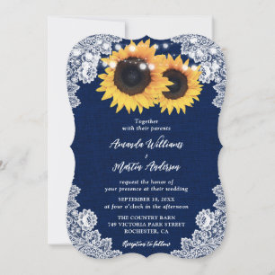 Navy Blue Sunflower Burlap Floral Lace Wedding Invitation