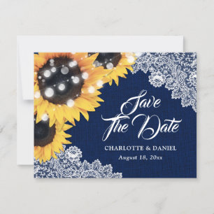 Navy Blue Sunflower Burlap Lace Wedding Announcement