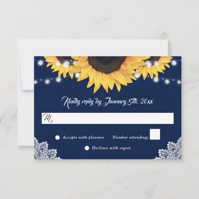Navy Blue Sunflower Burlap String Lights Wedding RSVP Card (Front)