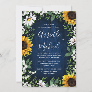 Navy Blue Sunflower Country Boho Anniversary Party Invitation