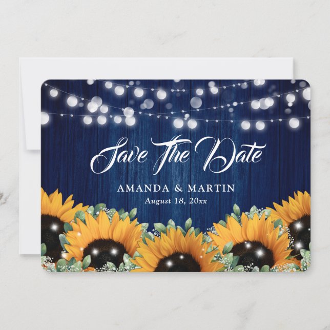 Navy Blue Sunflower Eucalyptus Baby's Breath Save The Date (Front)