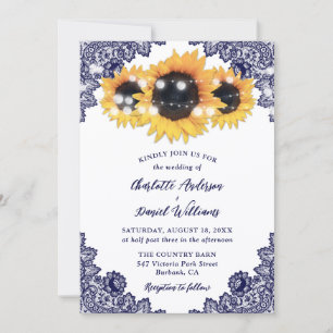 Navy Blue Sunflower Floral Lace Rustic Wedding Invitation