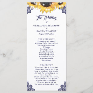 Navy Blue Sunflower Floral Lace Wedding Program Programme