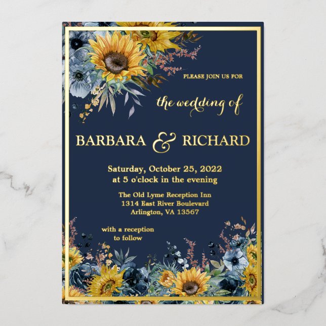 Navy Blue Sunflower Floral Wedding Gold (Front)