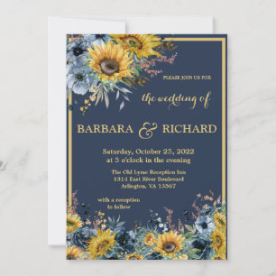 Navy Blue Sunflower Floral Wedding  Invitation