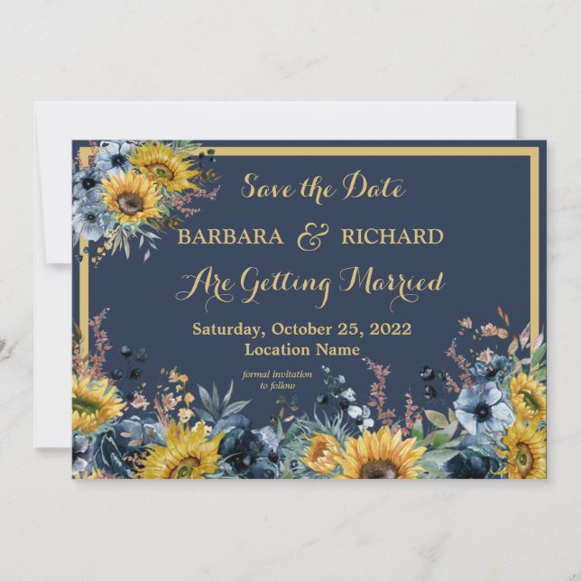 Navy Blue Sunflower Floral Wedding Save Date     Invitation (Front)