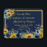 Navy Blue Sunflower Floral Wedding Save Date  Magnet<br><div class="desc">This stunning Save the Date Magnet features a navy blue background with luscious sunflowers and surrounded by lighter blue flower and greenery. Gold lettering and touches of calligraphy are a perfect accompaniment to the beautiful flowers. A lovely design choice to set the tone for your wedding celebration. For any design...</div>