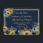 Navy Blue Sunflower Floral Wedding Save Date  Magnet<br><div class="desc">This stunning Save the Date Magnet features a navy blue background with luscious sunflowers and surrounded by lighter blue flower and greenery. Gold lettering and touches of calligraphy are a perfect accompaniment to the beautiful flowers. A lovely design choice to set the tone for your wedding celebration. For any design...</div>