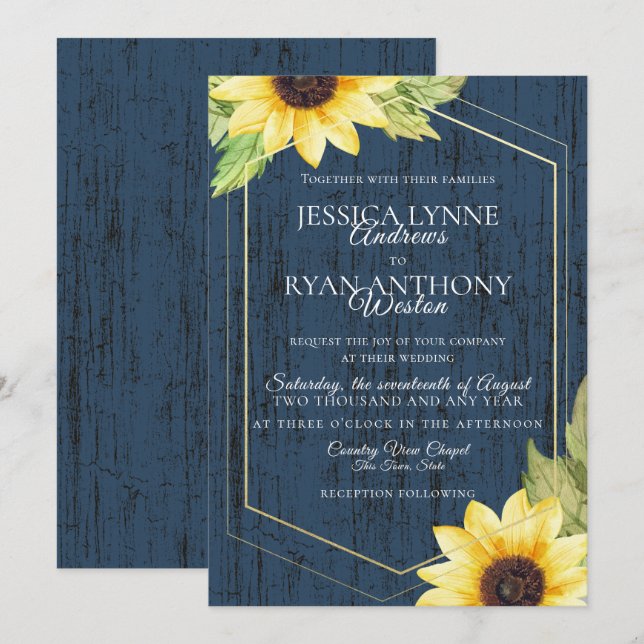 Navy Blue Sunflower Geometric Frame Rustic Wedding Invitation (Front/Back)