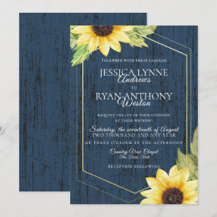 Navy Blue Sunflower Geometric Frame Rustic Wedding Invitation
