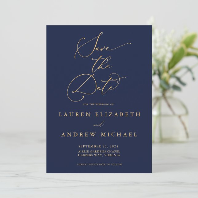 Navy Blue & Sunflower Gold Save the Date Invitation (Standing Front)