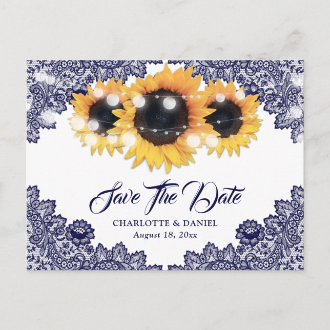 Navy Blue Sunflower Lace Wedding Save The Date Announcement Postcard (Front)