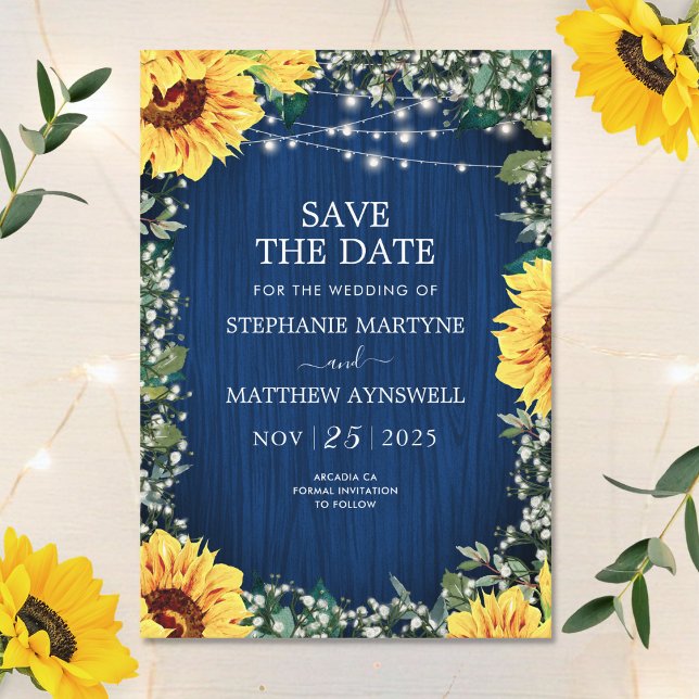 Navy Blue Sunflower Lights Rustic Wedding Save The Date (Creator Uploaded)