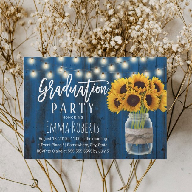 Navy Blue Sunflower Mason Jar Rustic Graduation Invitation (Creator Uploaded)