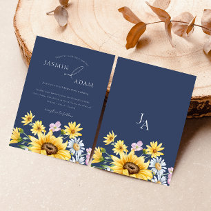 Navy Blue Sunflower Monogram Floral Wedding Invitation